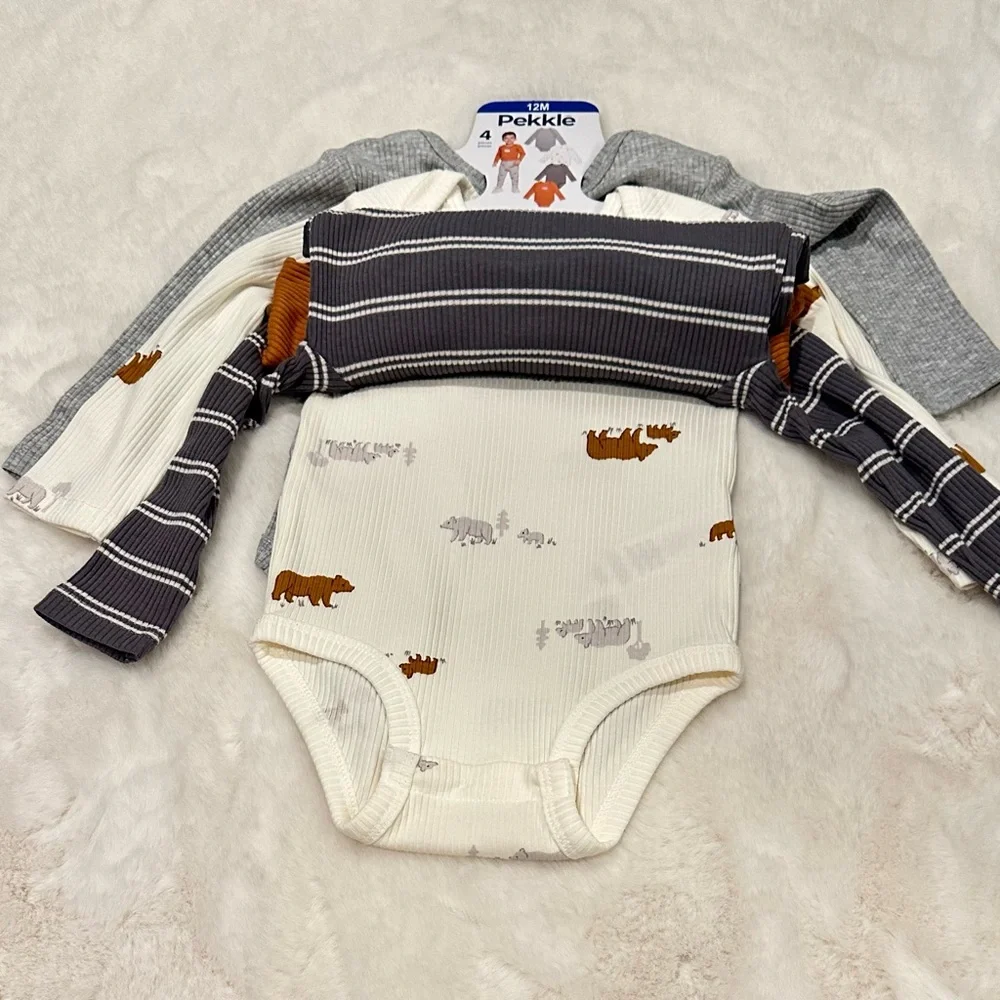 Pekkle Grey/Ivory Long Sleeve Organic Cottin 4 Pieces Bodysuit 12 months